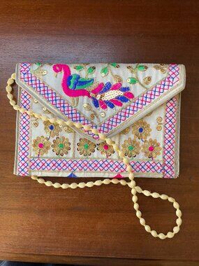 Peacock Embroidered Crossbody Clutch Boho Indian Style Colorful Statement Bag